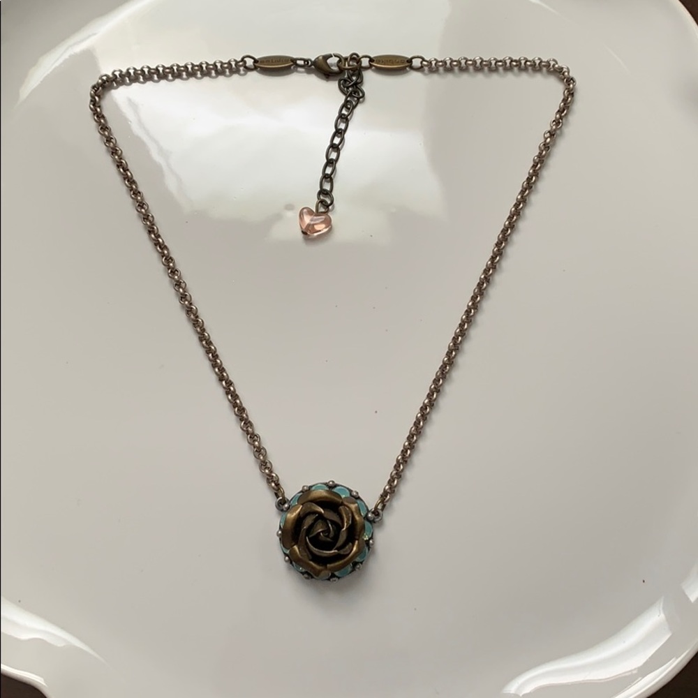 Vintage-Inspired Rose Pendant Necklace in Bronze and Turquoise